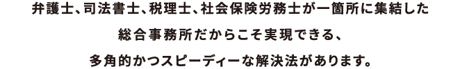 弁護士、司法書士、税理士が一箇所に集結した総合事務所だからこそ実現できる、多角的かつスピーディーな解決法があります。